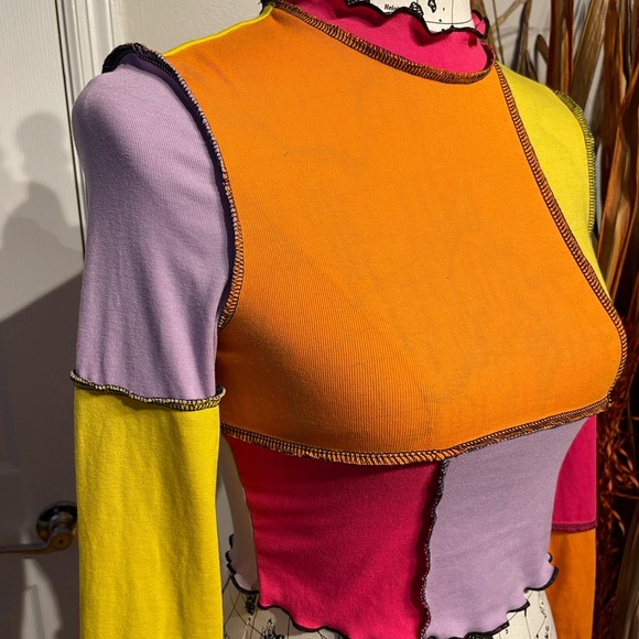 NWOT Vintage Y2k Neon sewing outside Patchwork crop mock funky street bright 90s - Picture 2 of 4